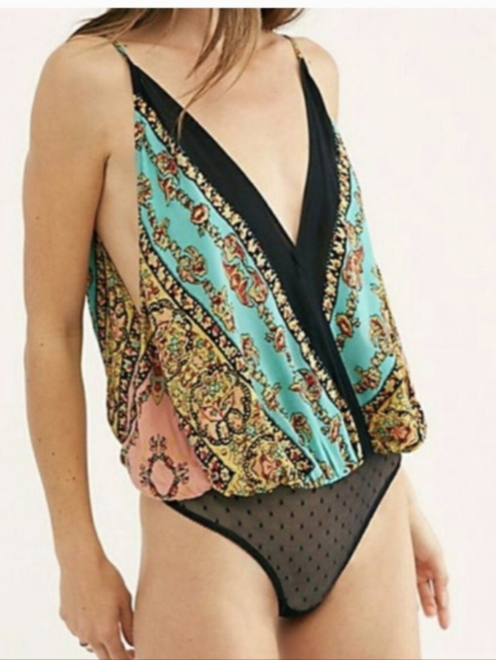 Free People Black & Teal Floral Border Babe Thong Bodysuit